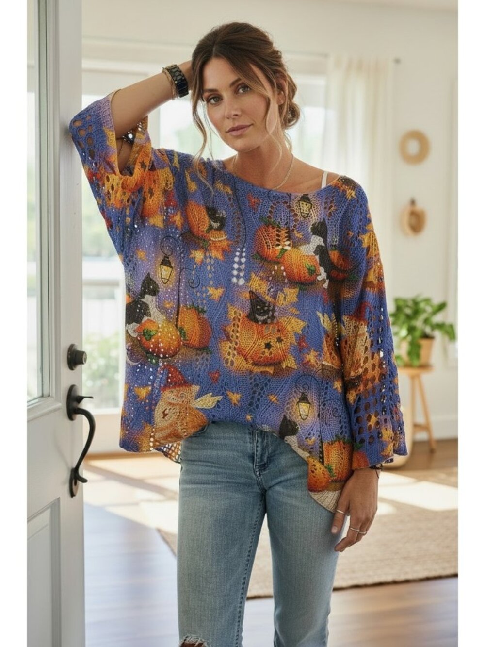 Crochet Openwork Halloween Pumpkin Jack-O-Lantern Colorful Knit Oversize Sweater